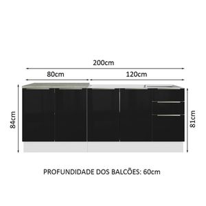 Kit Com 2 Balcões De Cozinha 4 Portas 3 Gavetas Branco/Preto