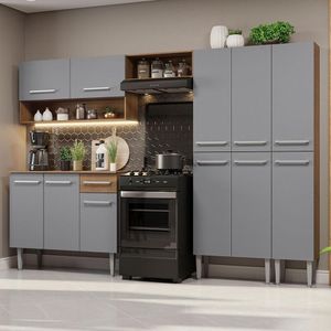 Armário De Cozinha Completa 261Cm Rustic/Cinza