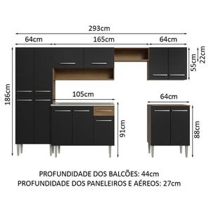 Armário De Cozinha Completa 293cm Com Pia Rustic/preto Emilly Madesa 08 Rustic/preto