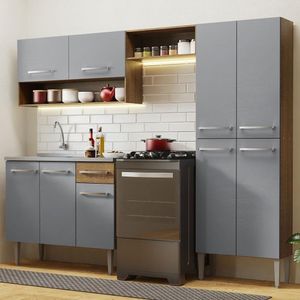 Armário De Cozinha Compacta 229cm Com Pia Rustic/cinza Emilly Madesa 10 Rustic/cinza