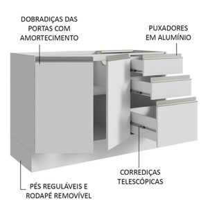 Armário Gabinete Para Banheiro 120cm 2 Portas 3 Gavetas Branco Madesa Branco