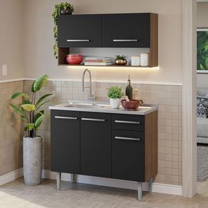 Armário Cozinha Compacta 105cm Pia Rustic/Preto