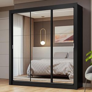 Guarda-roupa Casal 3 Portas De Correr Espelho Preto