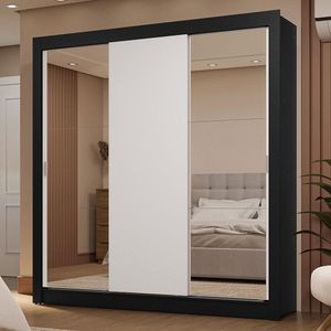 Guarda-roupa Casal 3 Portas Correr 2 Gavetas Preto/Branco
