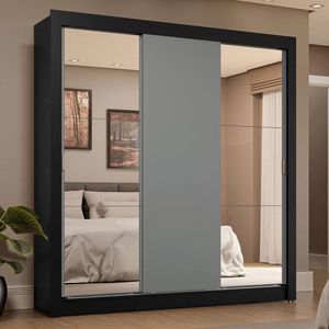 Guarda-roupa Casal 3 Portas Correr 4 Gavetas Preto/Cinza