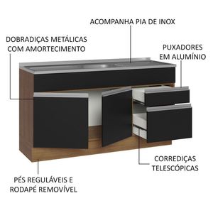 Balcão Gabinete Pia 150 Cm 2 Portas 2 Gavetas Rustic/preto