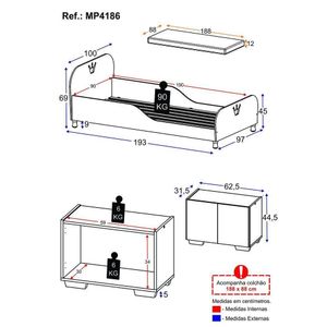 Cama Solteiro 100% Mdf Com Colchão E Mesa De Cabeceira 2 Portas Multimóveis Mp4186 Branca Branco