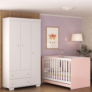 Quarto Infantil Com Berço Colchão Incluso E Guarda-roupas Algodão Doce Multimóveis Mp4248 Branco/rosa