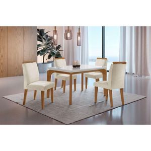 Conjunto Mesa Liz 120cm Com Vidro 4 Cadeiras Creme