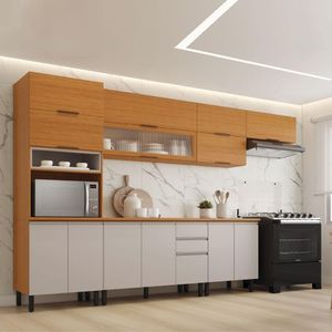 Armário De Cozinha Completa Com Balcão 14 Portas 2 Gavetas Nicho Para Micro Ondas Namur Cinamomo/off White Cinamo/off