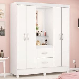 Guarda Roupas Casal Capela 4 Portas Com Espelho 2 Gavetas Branco/rosa Flex Lord Demóbile Branco/ros