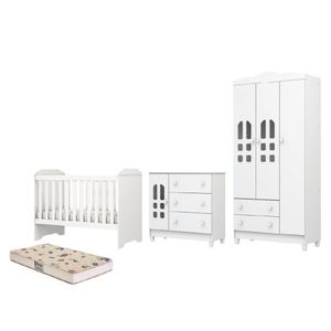 Dormitório Infantil Completo Berço Americano Com Colchão Mini Cama 3 Em 1 Para Quarto Bebê Branco