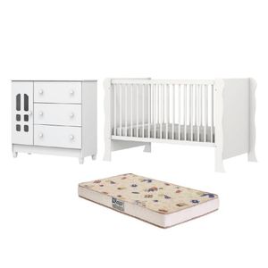 Dormitório Infantil Berço Com Colchão Mini Cama 2 Em 1 E Cômoda Para Quarto Bebê Branco