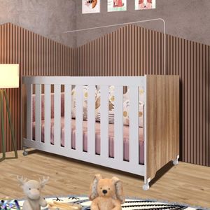 Berço Infantil Com Rodinhas 64cm X 133cm Nogal Manchester Com Branco Warren Jm Móveis