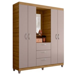 Guarda Roupa Casal 4 Portas 3 Gavetas Capelinha com Espelho Clapton Caemmun - Lamina Mel/Cacao