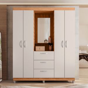 Guarda Roupa Casal 4 Portas 3 Gavetas Capelinha com Espelho Clapton Caemmun - Freijo/off white