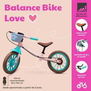 Bicicleta De Equilibrio Infantil Sem Pedal Bike Balance Nathor Love Aro 12 Com Banco Ajustável Capacidade Até 21Kg