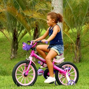 Bicicleta Infantil Aro 16 Com Rodinhas De Treinamento Nathor Bike Criança Menina Top Girls Rosa Com Garrafinha