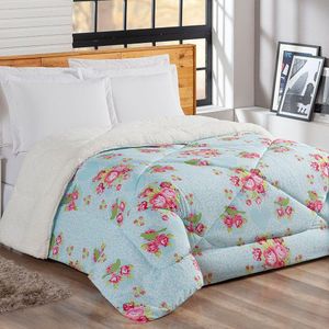 Coberdrom Scarpa Queen Sherpa Dupla Face Toque Lã De Carneiro 1 Peça - Floral Azul Celeste