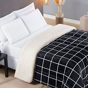 Coberdrom Cobertor Brooklyn King Sherpa Manta Flannel Quadriculado - Preto