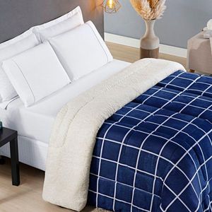 Coberdrom Cobertor Brooklyn King Sherpa Manta Flannel Quadriculado - Azul Marinho