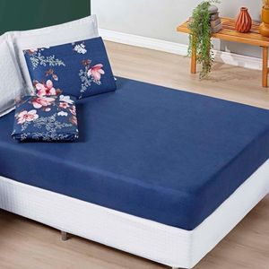 Jogo Cama Lençol Celi Solteiro Micropercal 200 Fios 2 Peças - Azul Marinho Floral