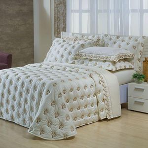 Kit Cobre Leito Colcha Super King 100% Algodão 400 Fios Acetinado Bordado 5 Peças Palha E Fendi