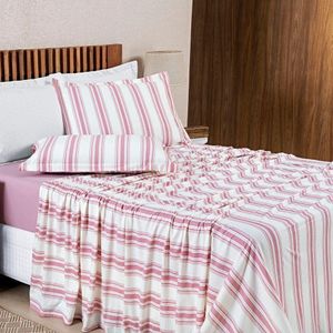 Jogo Cama Lençol Daily Queen Malha 100% Algodão Listrado 4 Peças - Rosê