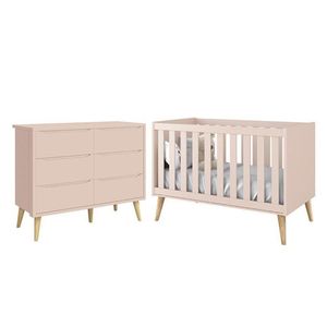 Jogo De Quarto Infantil Theo Cômoda 6 Gavetas E Berço Rosa Fosco Com Pés Madeira Natural Reller Móveis Rosa Fosco