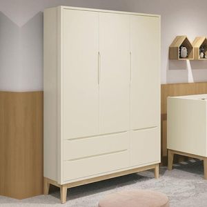 Guarda Roupa Infantil Classic 3 Portas Areia Fosco Com Pés Madeira Natural Reller Móveis Areia Fosco