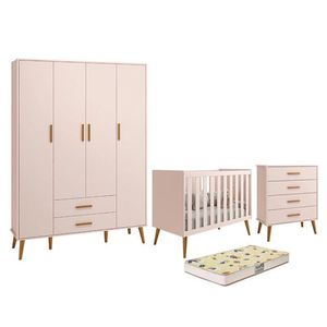 Dormitório Infantil Isis Guarda Roupa 4 Portas Cômoda E Berço Rosa Com Colchão D18 Reller Móveis Rosa