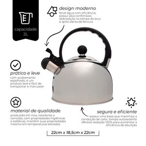Chaleira Inox Cromado Com Apito 2 Litros Mimo Style Bule De Chá Para Ferver Água Jarra Portátil Com Alça
