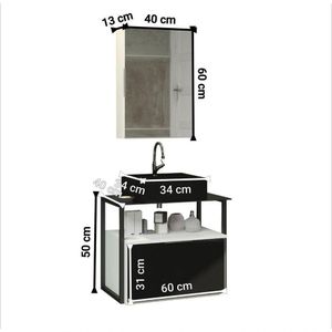 Conjunto Gabinete Urbe 60cm Branco Preto Tampo Preto Cuba Preto