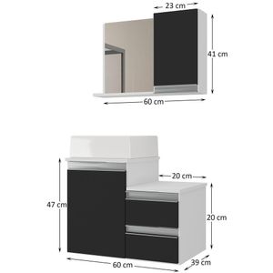 Conjunto Gabinete Banheiro Cross 60 (gabinete+espelheira+cuba) Branco Preto