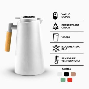 Garrafa Térmica Com Termômetro Cabo Madeira Com Display Digital 1l Branco