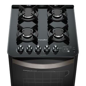 Fogão Esmaltec Esmeralda Glass Gourmet 4 Bocas Preto Com Timer Digital E Grill Elétrico