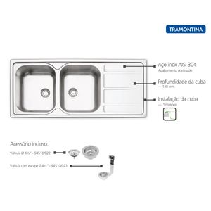 Cuba de Sobrepor Tramontina Marea 2C 34 Plus em Aço Inox Acetinado 116 x 50 cm