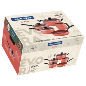 Jogo de Panelas Tramontina Évora em Alumínio com Revestimento Interno Cerâmico e Externo de Silicone Coral 5 Peças
