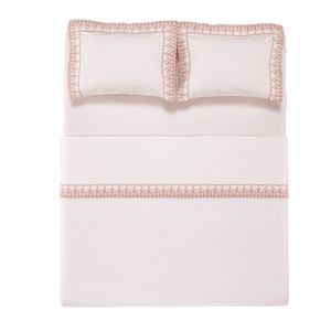 Jogo de Cama Queen 200 Fios Karsten Bordado Antônia Branco Rosa