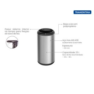 Lixeira Inox Tramontina Portofino Scotch Brite Aro e Base em Polipropileno 23 Litros