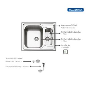 Cuba de Sobrepor Tramontina Marea 1.5 C 34 em Aço Inox Acetinado com Válvula 62 x 50 cm