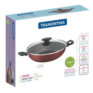 Wok Tramontina Loreto em Alumínio Antiaderente Starflon T1 com Tampa de Vidro Vermelha 28 cm 3,3 Litros