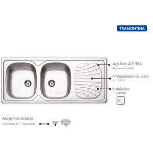 Cuba de Sobrepor Tramontina Alpha Alpha 2C 34 R em Aço Inox 116 x 50 cm