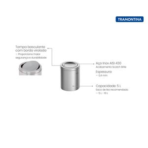 Lixeira Inox Tramontina Swing com Acabamento Scotch Brite e Tampa Basculante 5 Litros