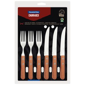 Jogo de Talheres Tramontina Churrasco Aço Inox Cabos de Madeira 12 Peças