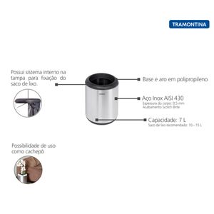 Lixeira Inox Tramontina Cápsula com Acabamento Scotch Brite e Aro e Base em Polipropileno 7 Litros