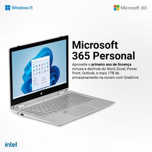 Notebook M11W Prime 2 em 1, com Windows 11, Processador Intel Celeron, Micro SD 64GB, Tela 11,6 Pol + Microsoft 365 Personal e 1TB na Nuvem - PC281