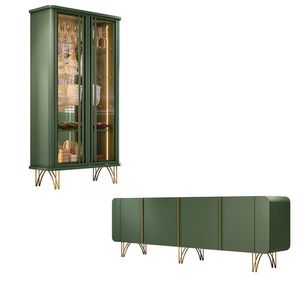 Conjunto Cristaleira Buffet com LED Portas de Vidro Pés Aço Maciço Cor Dourado Évora/Saluti Verde Pistache G26 - HB Móveis
