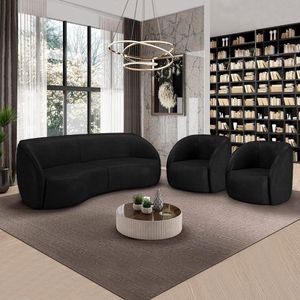 Conjunto Sofá Sala de Estar Bipartido 318cm e 2 Poltronas Clarke PU Preto Manchado G45 - Gran Belo