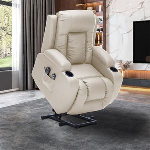 Poltrona do Papai Lift Sala de Estar Reclinável Austin Elétrica Aquecimento Massagem PU Bege G94 - Gran Belo